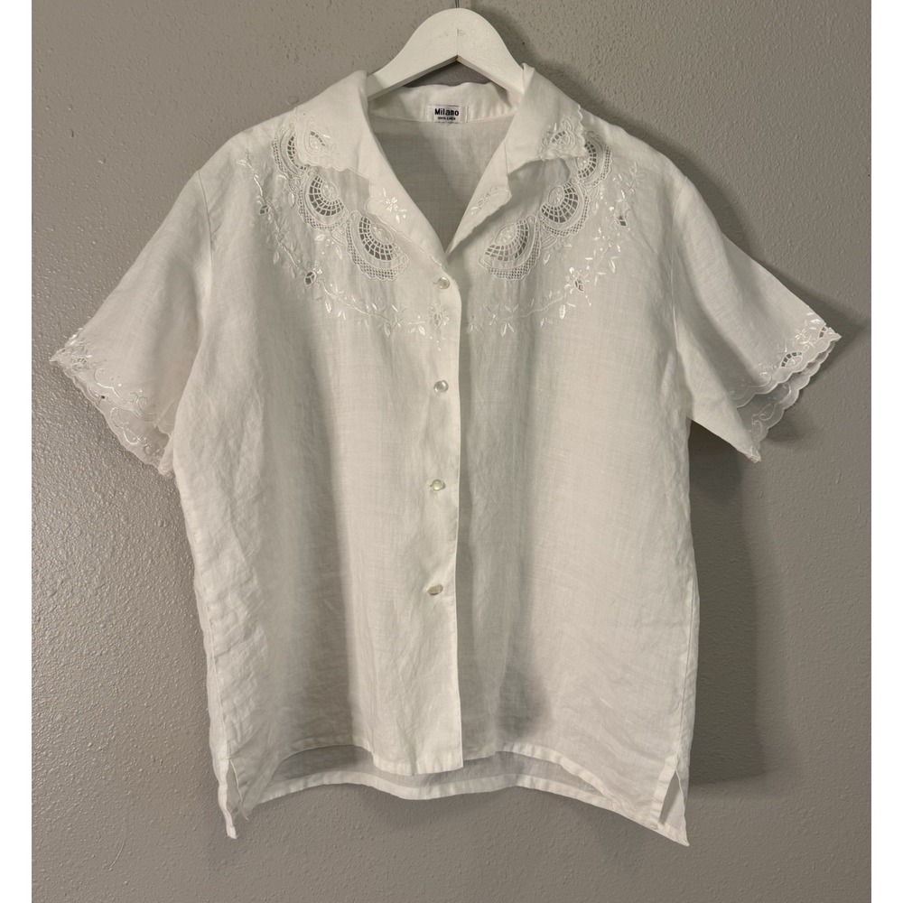 Milano 100% Linen White Embroidered Button Front Blouse Women's L Floral Lace